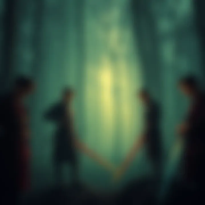 Seven swordsmen standing in a dimly lit forest, each displaying signs of sorrow and struggle, with their swords held down at their sides.
