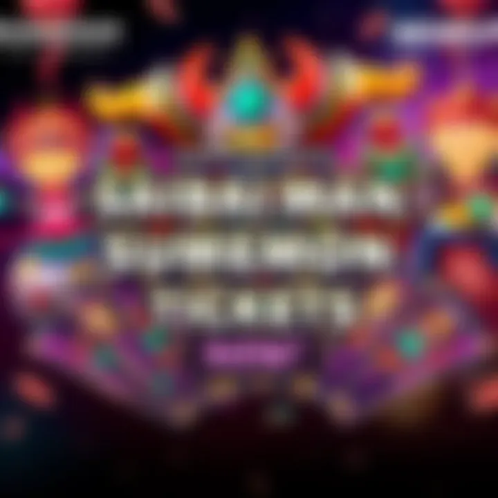 Colorful Saibaiman summon tickets displayed with game elements in the background.