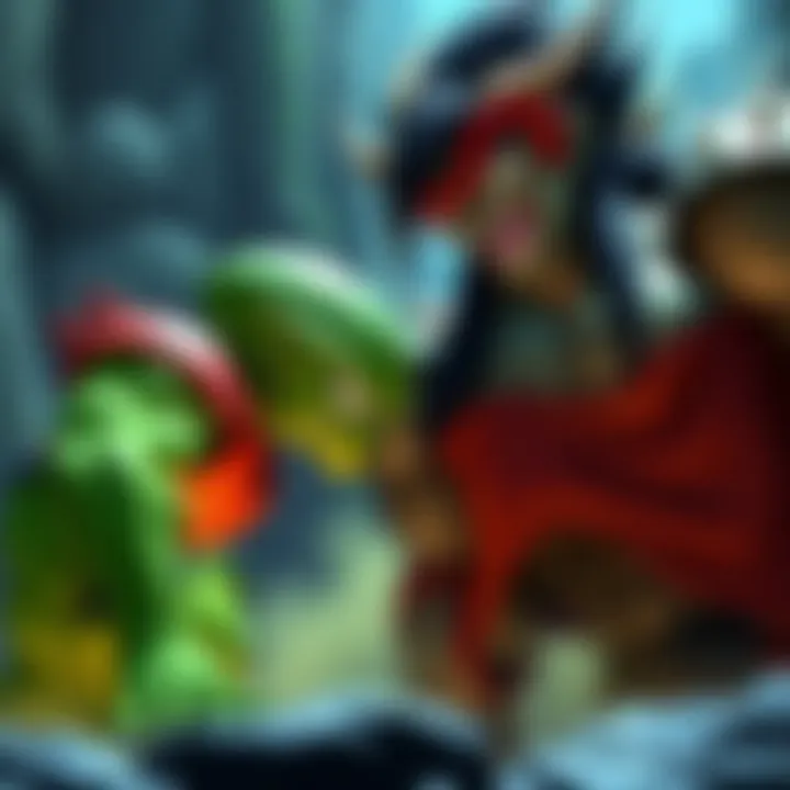 A Saibaman, a green creature with a bulbous head, stands ready for battle against King Piccolo, a large, menacing figure with a dark green skin and sharp features, in a dramatic showdown setting
