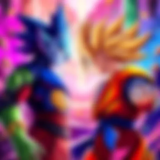 Saibaman and Version Z Goku facing off in a colorful gaming environment, showing their distinct styles and abilities for link level farming.