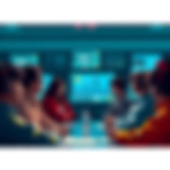 A group of people engaging in a discussion about Saikai propaganda, with visual elements like charts and social media on screens around them.