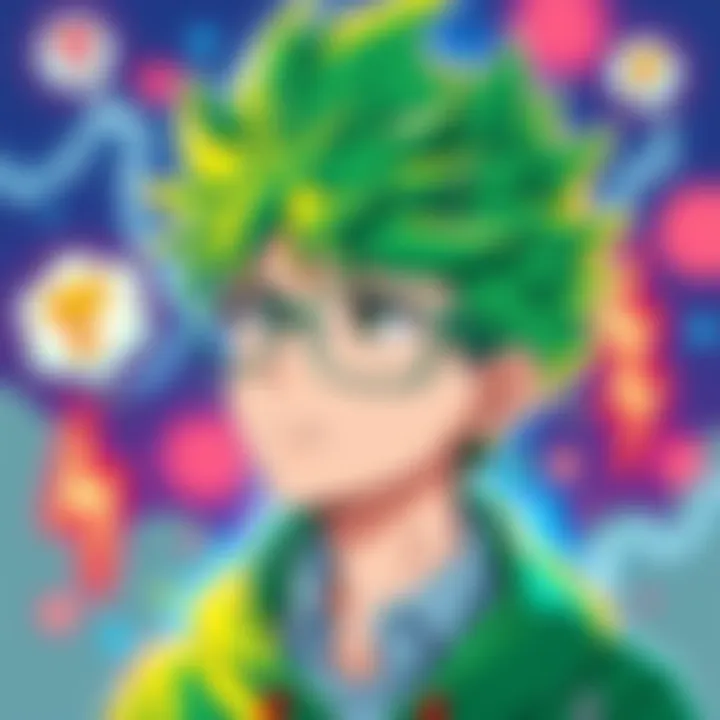 A colorful depiction of Saiki, showcasing his distinctive green hair and glasses, looking thoughtful while surrounded by symbols of his powers, like thought bubbles and lightning bolts.