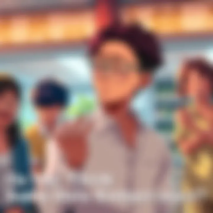 Saiki stands with a flushed face, looking awkwardly at his friends who are laughing around him, highlighting his rare embarrassed moment.