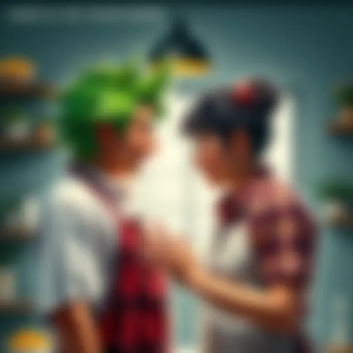 Saiki K with his signature green hair confronts a typical mom, depicted with an apron and a playful expression, in a humorous showdown setting