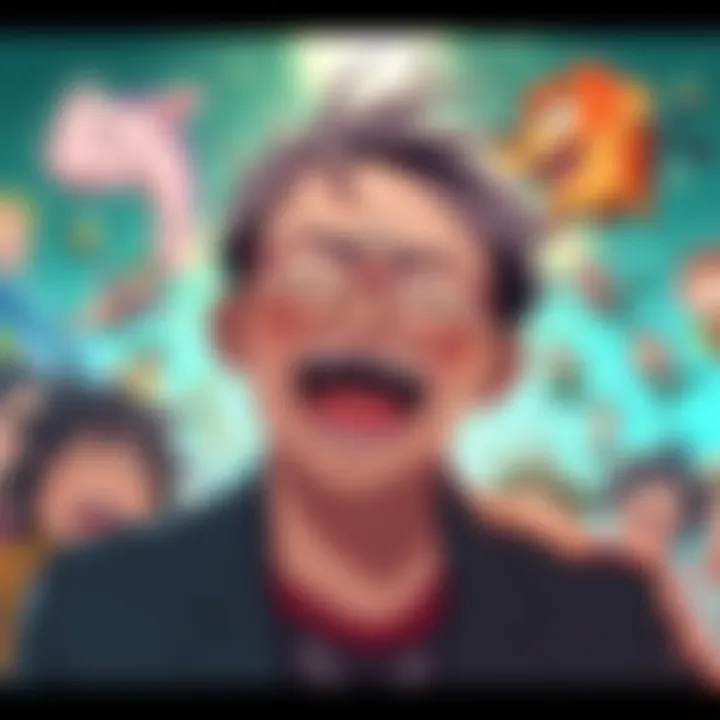 Saiki Kusuo with a big smile, surrounded by funny characters and scenes from the anime, creating a lively atmosphere