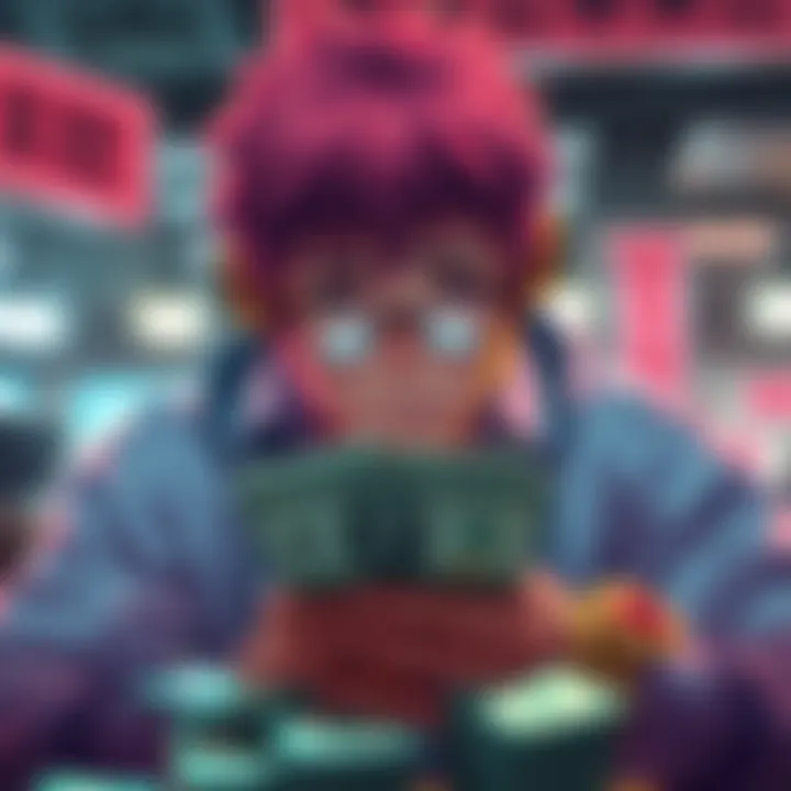 Saiki focused on counting a stack of cash, reflecting on the importance of money in his world, with a worried expression.