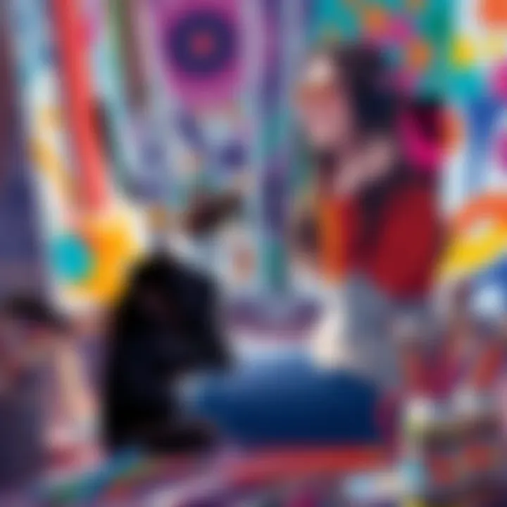 Sailen0 painting while her cat sits beside her, surrounded by colorful art supplies