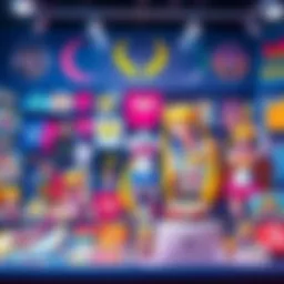 Colorful display of various Sailor Moon merchandise including figures, clothing, and accessories