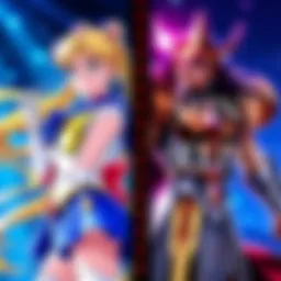 Sailor Moon and Saint Seiya Comparison A side-by-side image showing Sailor Moon in her vibrant outfit and Saint Seiya in his armor, highlighting their contrasting styles.