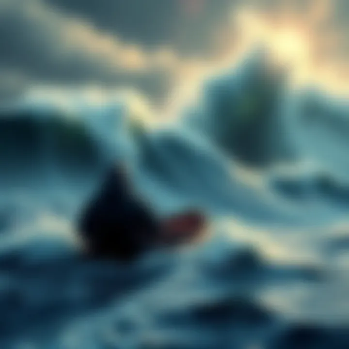 A sailor in a small boat facing towering waves, illustrating the challenges of life at sea