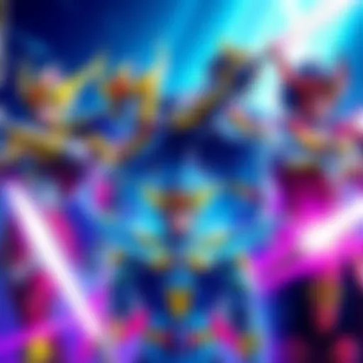 Various Saint Seiya characters in colorful armor, showcasing their unique designs and poses.