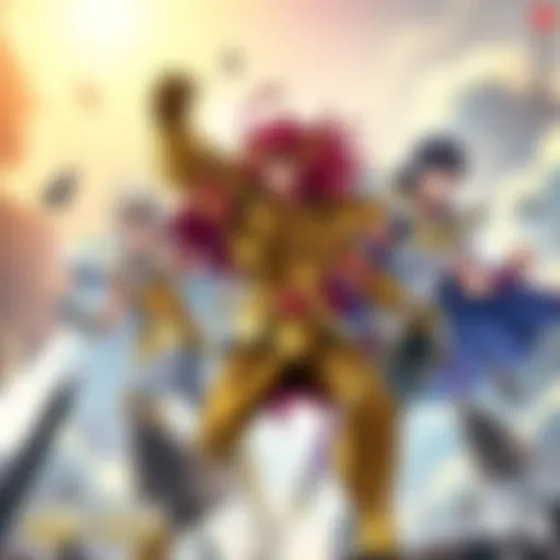 Dynamic scene featuring iconic Saint Seiya characters showcasing their abilities and armor