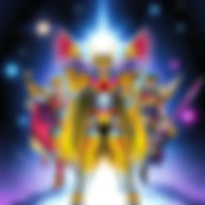 Characters from Saint Seiya Omega in action poses, showcasing their colorful armor and unique designs, with a background of stars and galaxies.