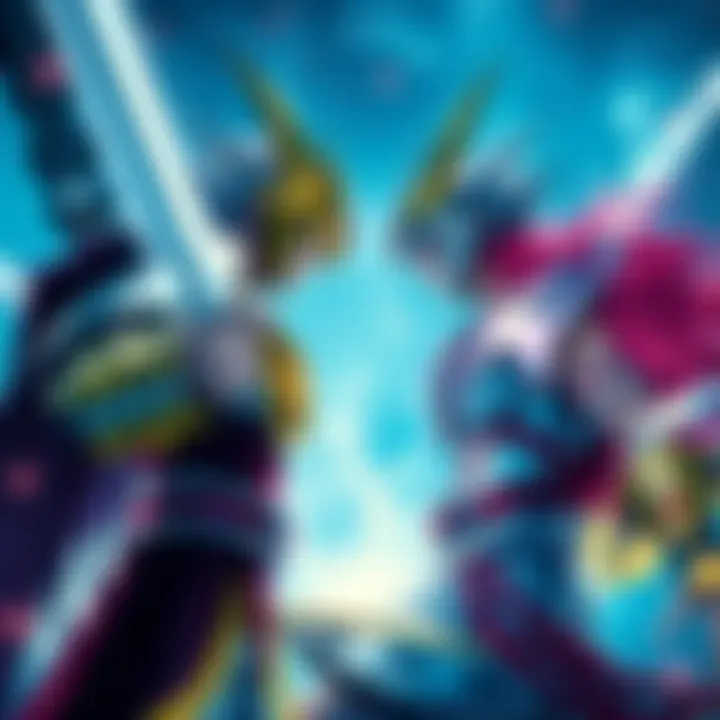 Characters from Saint Seiya face off, showcasing their unique styles and powers in a dramatic confrontation.