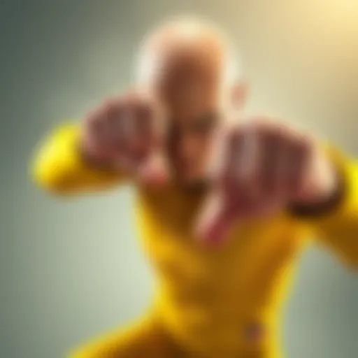 Saitama, a bald superhero in a yellow jumpsuit, winds up for a serious punch aimed at himself, showcasing his intense expression and powerful stance