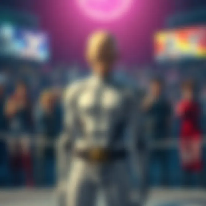 Saitama stands in a battle arena, looking worried as he faces powerful opponents, with fans reacting in the background showing mixed emotions.