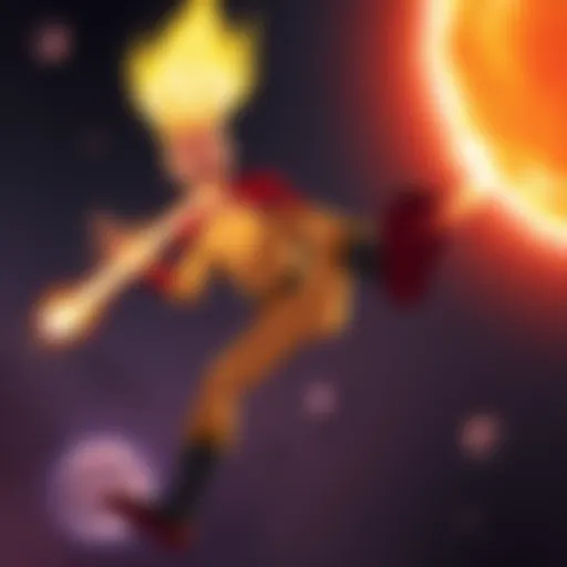 Saitama humorously farting to break free from the sun's gravity while chasing Cosmic Garou, showcasing a funny moment from OPM.