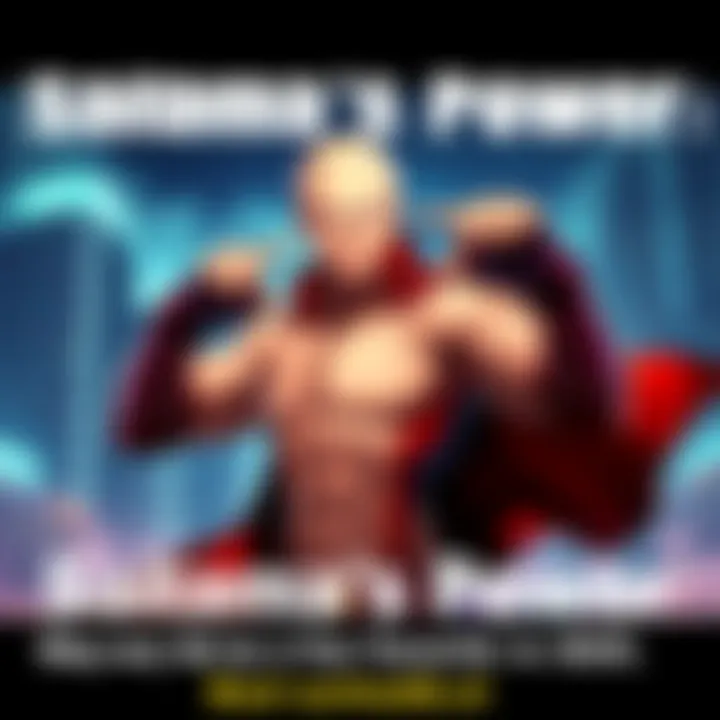 Saitama, a strong superhero with a bald head, is striking a powerful pose in a dramatic cityscape, showcasing his unbeatable strength and confidence.