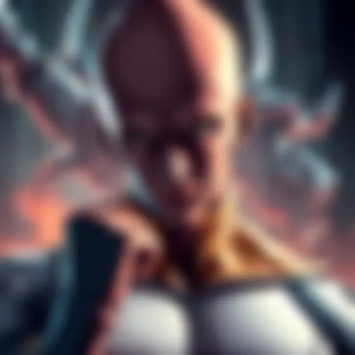 Saitama with a pensive expression, showing a mix of strength and emotion after a battle, with a backdrop of a defeated enemy.