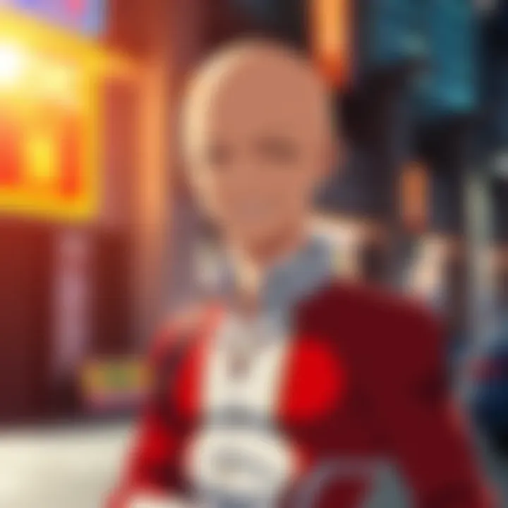 Saitama from the anime series stands confidently with a relaxed smile, showcasing his overwhelming strength in a humorous context.