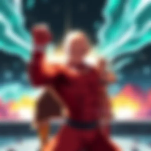 Saitama striking a powerful pose, showcasing his unmatched strength while Garou watches in the background, representing their contrasting power levels.
