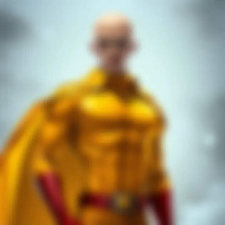Saitama stands confidently with a serious expression, wearing his iconic yellow jumpsuit and cape, symbolizing his strength and presence in pop culture.