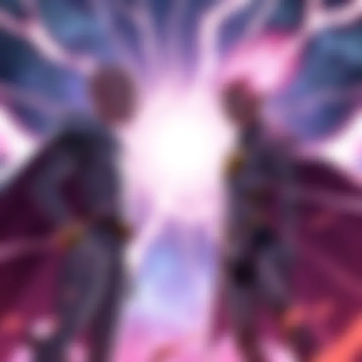 Saitama from One Punch Man and Amatsu-Mikaboshi, the Chaos King, stand ready for battle in a cosmic setting, 600 meters apart, with energy crackling around them.