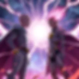 Saitama and Amatsu-Mikaboshi face off Saitama from One Punch Man and Amatsu-Mikaboshi, the Chaos King, stand ready for battle in a cosmic setting, 600 meters apart, with energy crackling around them.