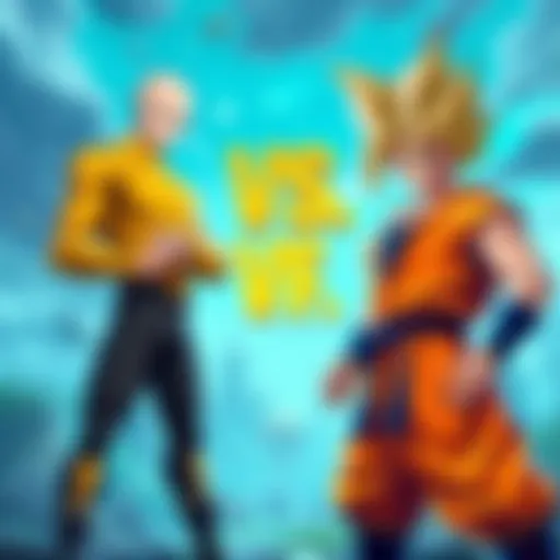Saitama from Fortnite stands confidently with a Fortnite backdrop, facing off against Goku in an intense battle stance.