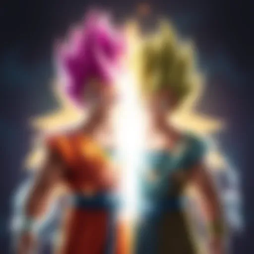 Two Saiyan characters merging in a vibrant glow, showcasing their powerful fusion with strong expressions, surrounded by a comedic setting.