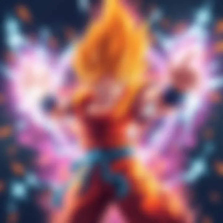 A Saiyan unleashing intense energy, surrounded by a glowing aura, showcasing strength and determination, with the EvoGlazer symbol in the background.
