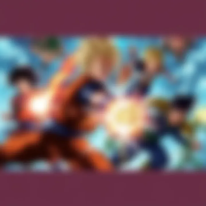 Iconic characters from the Saiyan saga engage in an epic battle, showcasing their powerful energy attacks and dramatic poses.