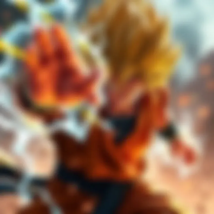 A Saiyan warrior charging up energy in an intense battle scene, showcasing their powerful aura and determined expression.