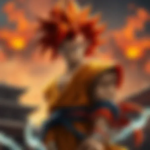 A Saiyan warrior stands confidently, showcasing a fierce expression and strong posture, ready for battle. The background highlights a dynamic scene with energy waves and a sense of movement.