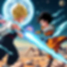 An intense battle scene featuring Saiyans like Vegeta and Nappa facing off against Namekians, showcasing energy blasts and martial arts moves on Planet Vegeta.