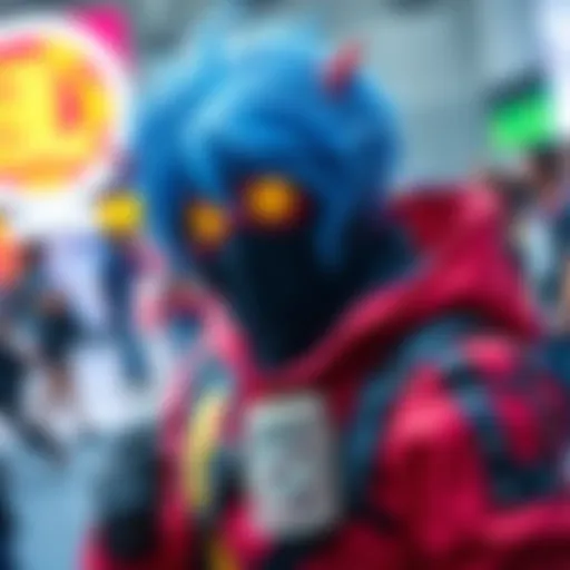 A cosplayer proudly displays a detailed Sakamoto costume at Lexington Comicon, with bright colors and unique design elements.