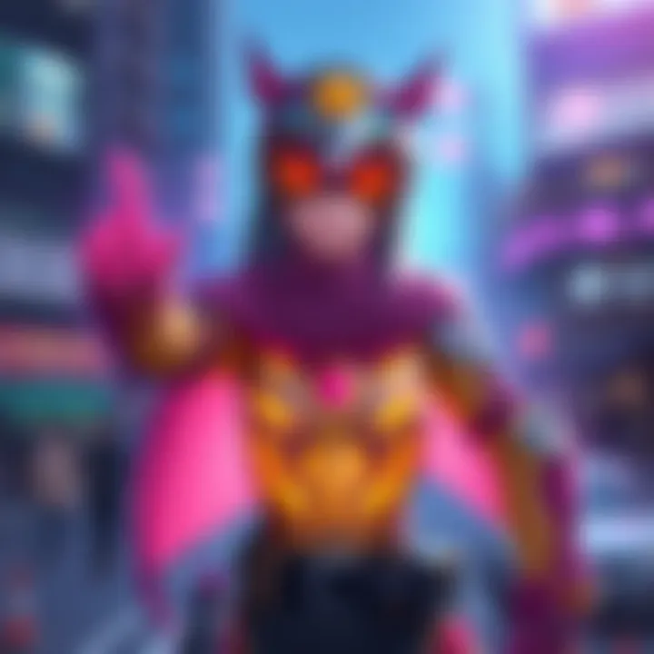 Saki Kishimoto, a character with mind-reading powers, wearing a unique and colorful hero costume, showcasing her ability to control souls.