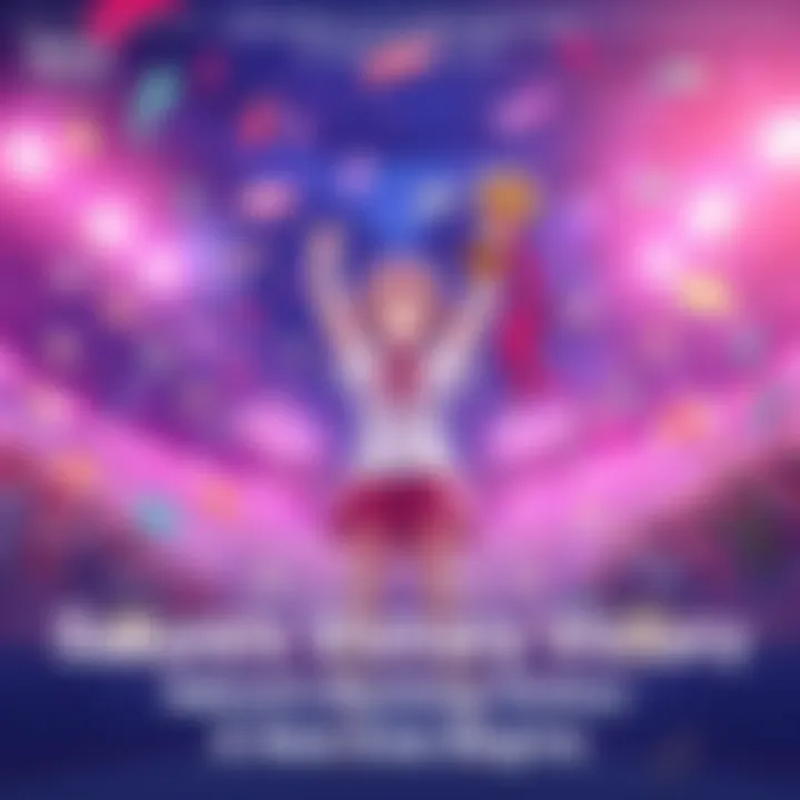 Sakura stands triumphantly with a trophy in hand, surrounded by cheering fans and colorful decorations.