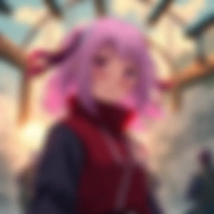 Sakura stands conflicted during Naruto's final confrontation, reflecting her inner struggle with Sasuke's actions, showcasing her emotional turmoil.