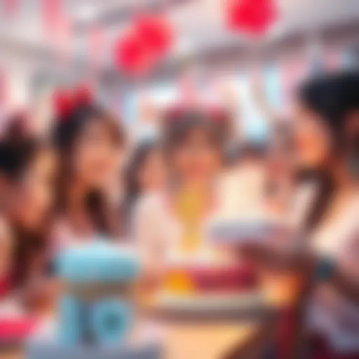 A cheerful gathering of fans celebrating Sakura's birthday with decorations, cakes, and joyful expressions.
