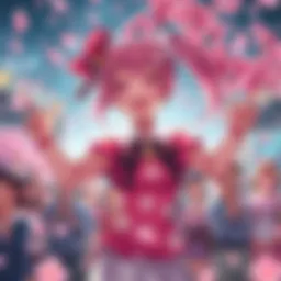 Sakura, a vibrant character with cherry blossom features, joyfully celebrates her ranking among Weibo's top characters with fans cheering around her.