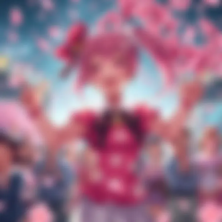 Sakura, a vibrant character with cherry blossom features, joyfully celebrates her ranking among Weibo's top characters with fans cheering around her.
