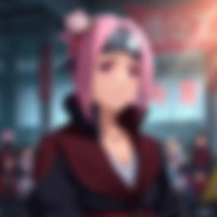 Sakura Haruno focused and determined in the Chunnin exam arena, showcasing her emotional struggle