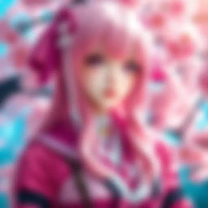 Cosplayer KallisiV dressed as Sakura Haruno, showcasing a detailed pink wig and outfit, with a vibrant cherry blossom background.