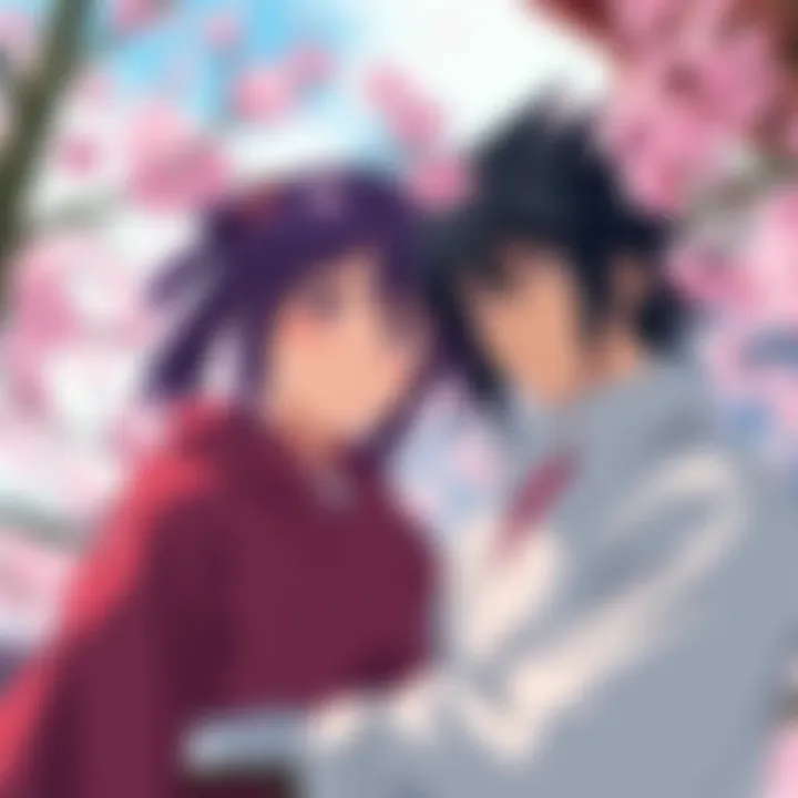 Sakura and Sasuke share a moment of connection in a scene, with Sakura looking hopeful and Sasuke appearing thoughtful, surrounded by cherry blossoms.