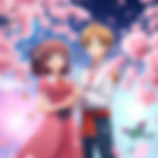 Sakura and Syaoran stand side by side, smiling and dressed in colorful outfits, surrounded by magical cards and a gentle cherry blossom backdrop.