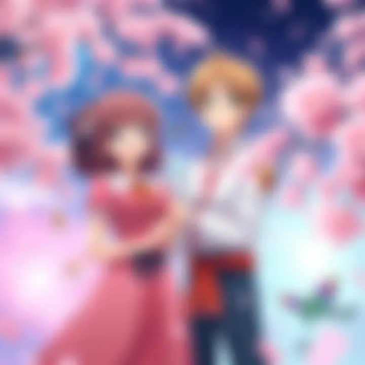 Sakura and Syaoran stand side by side, smiling and dressed in colorful outfits, surrounded by magical cards and a gentle cherry blossom backdrop.