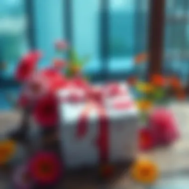 Sakuya's Gift on a table A beautifully wrapped gift box with a ribbon, set on a wooden table surrounded by colorful flowers, symbolizing cultural significance.