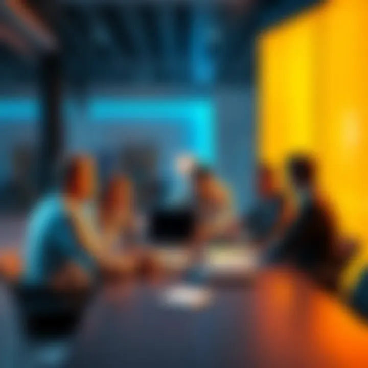 A group of people brainstorming sales techniques around a table with laptops and documents.