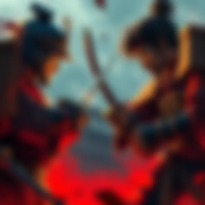 Samurai warriors facing off in an intense battle scene with dramatic tension. Characters show determination and focus as they confront each other with swords drawn.
